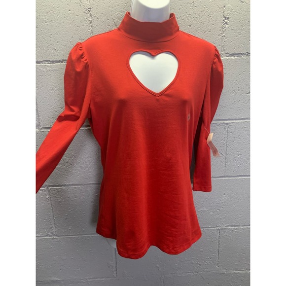 Red Heart  Peek A Boo Mock Turle Neck Long Sleeve Tee NWT - Picture 1 of 8